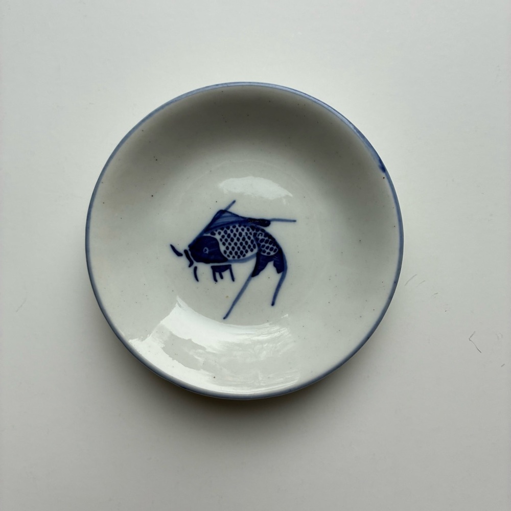 Blue and White Ceramic Trinket Dish With Fish Graphic